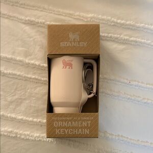 Stanley Cream Tumbler Keychain with Pink Logo